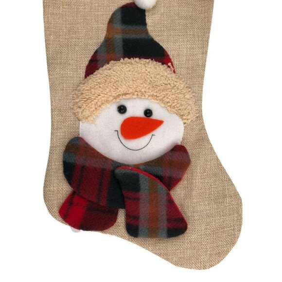 Handmade Christmas Stocking Farmhouse Country Snowman Plaid Felt, Canvas, 16" - Picture 2 of 4